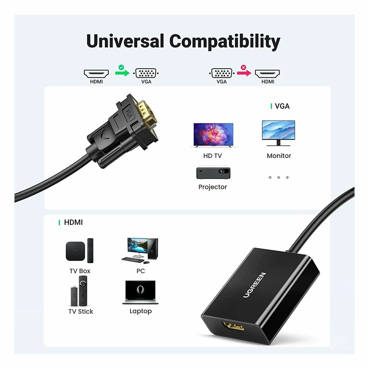 UGREEN HDMI Female to VGA Male Adapter with Audio Jack (20694) - зураг 3