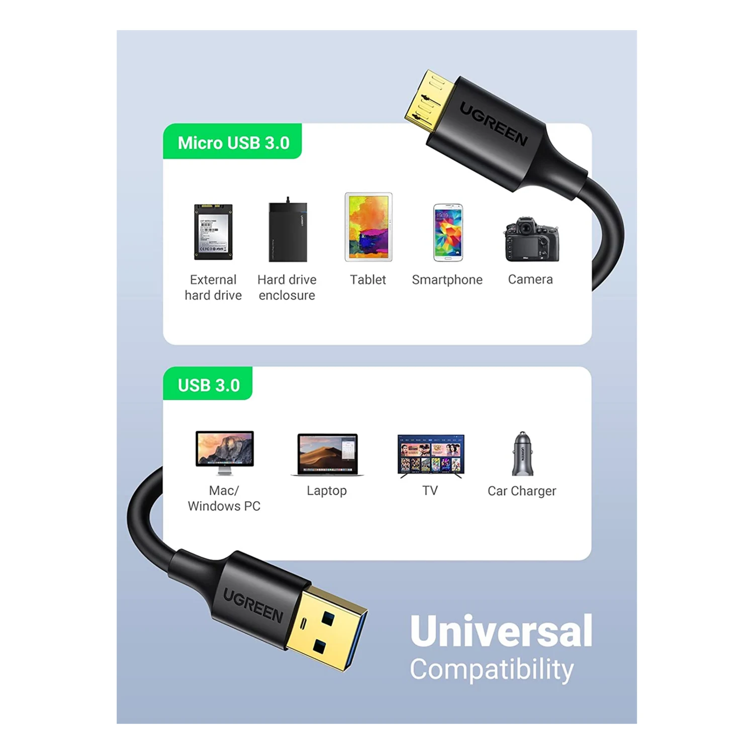 UGREEN USB-A Male to Micro USB 3.0 cable 0.5m (10840) - зураг 3