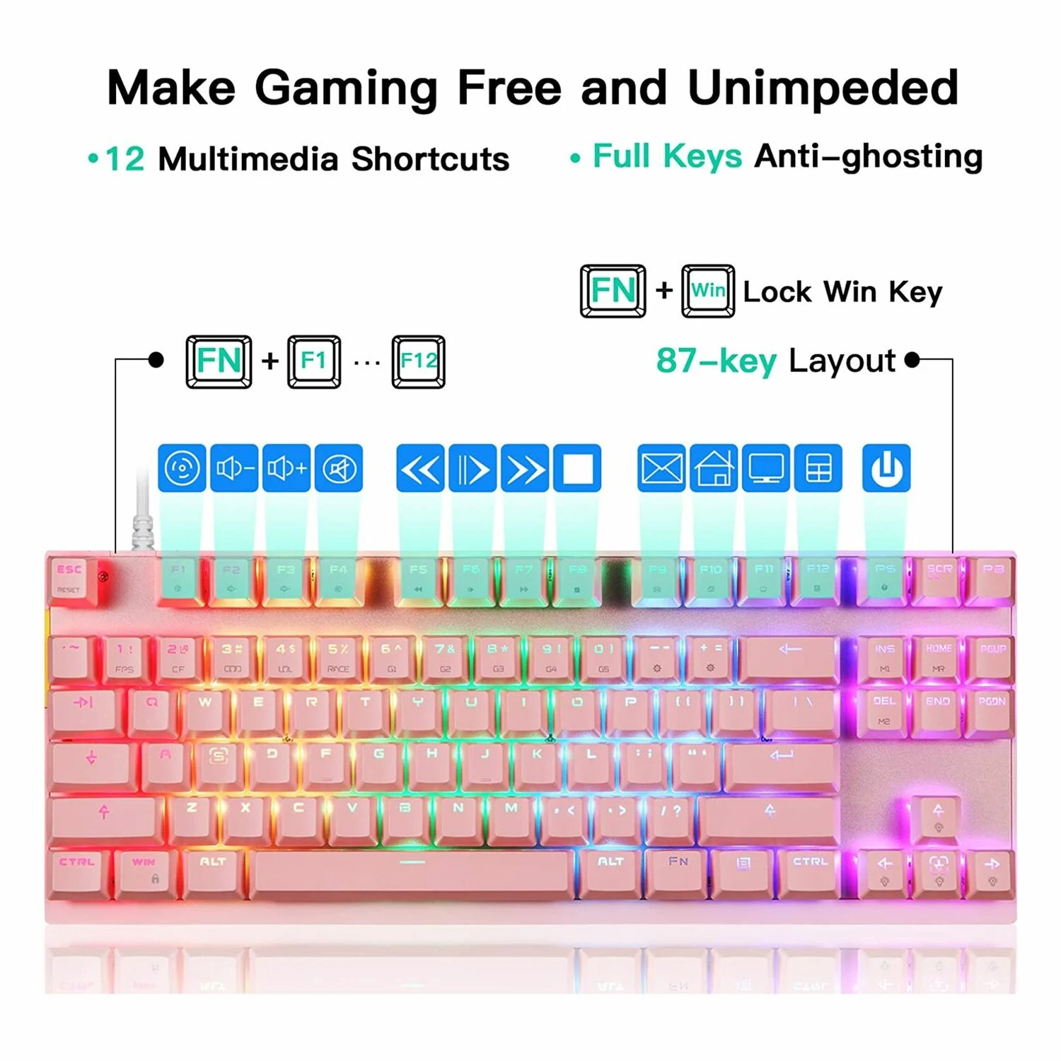 Motospeed GK82 Wired Gaming Mechanical Keyboard, Pink - зураг 4