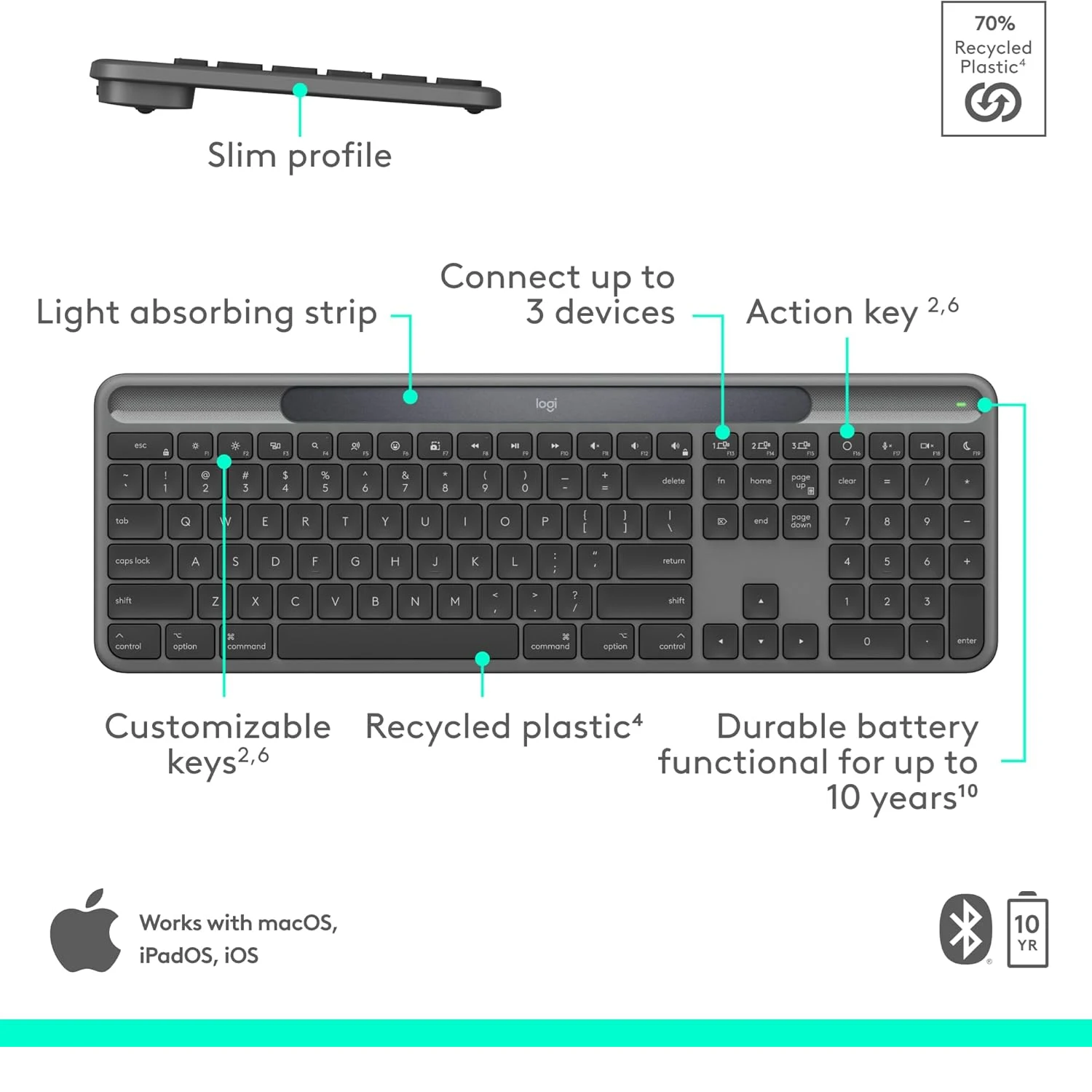 Logitech K980 Signature Wireless Slim Solar+ Keyboard Black - зураг 7