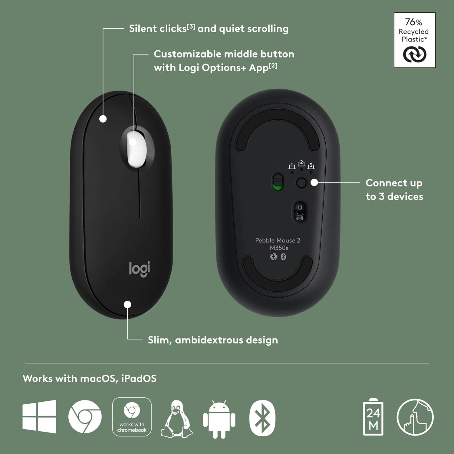 Logitech Pebble M350s Silent Wireless Mouse Black - зураг 2