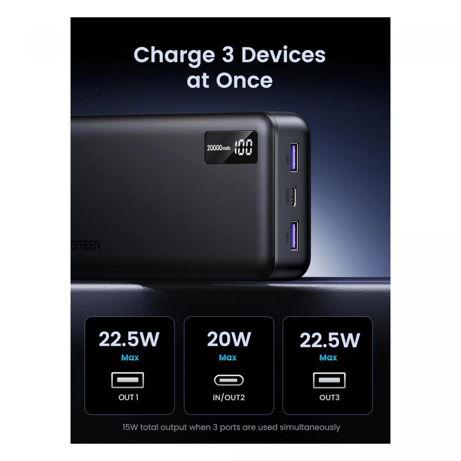 UGREEN 22.5W 20000mAh Two-way Fast Charging Power Bank (25683) - зураг 3
