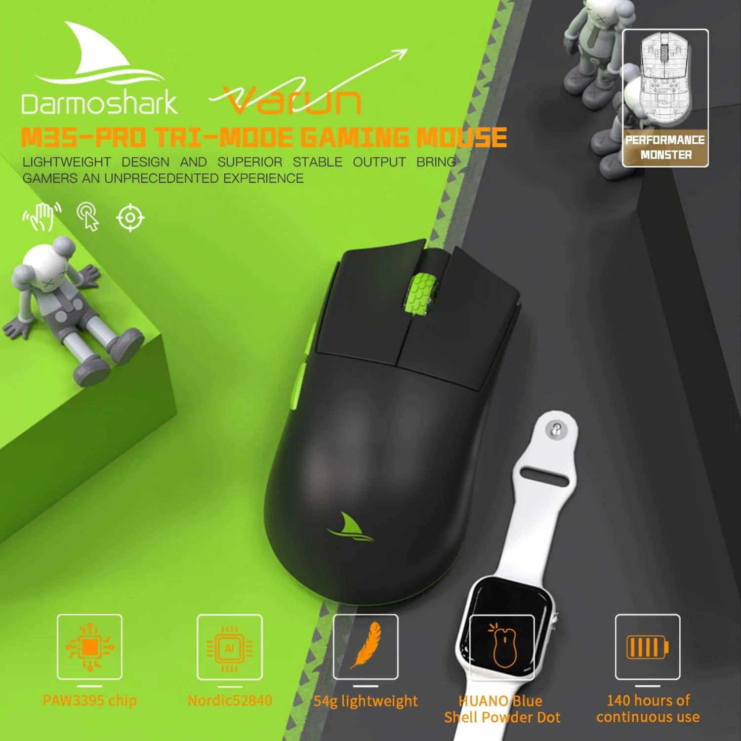 Motospeed Darmoshark M3S Pro Wireless, Wired, Bluetooth Tri-Mode Optical Gaming Mouse, Black - зураг 2