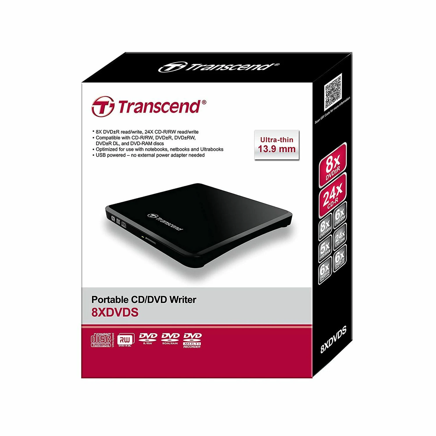 Transcend 8K Extra Slim Portable DVD Writer, Black /TS8XDVDS-K/ - зураг 4