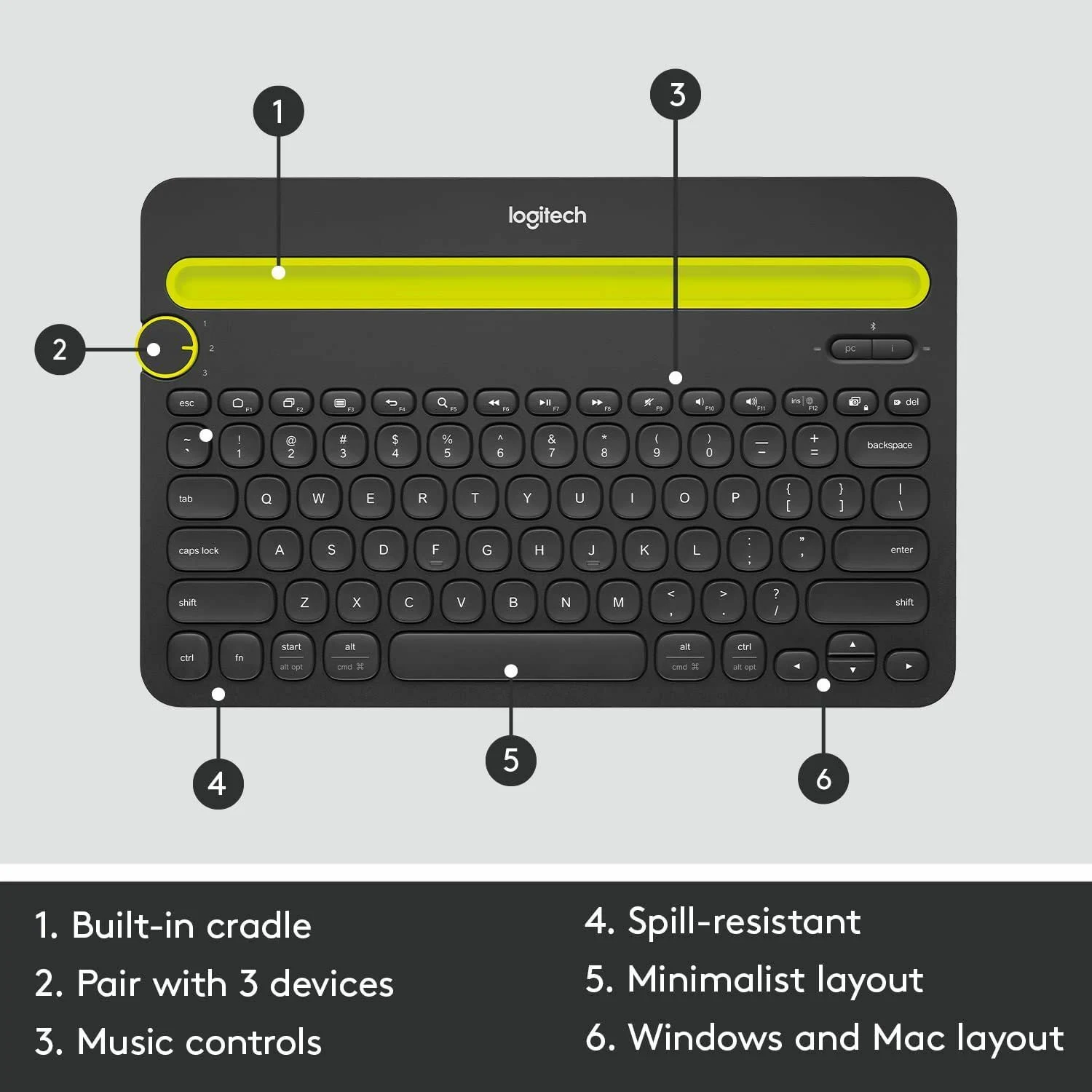 Logitech K480 Multi-Device Bluetooth Wireless Keyboard, Black - зураг 4