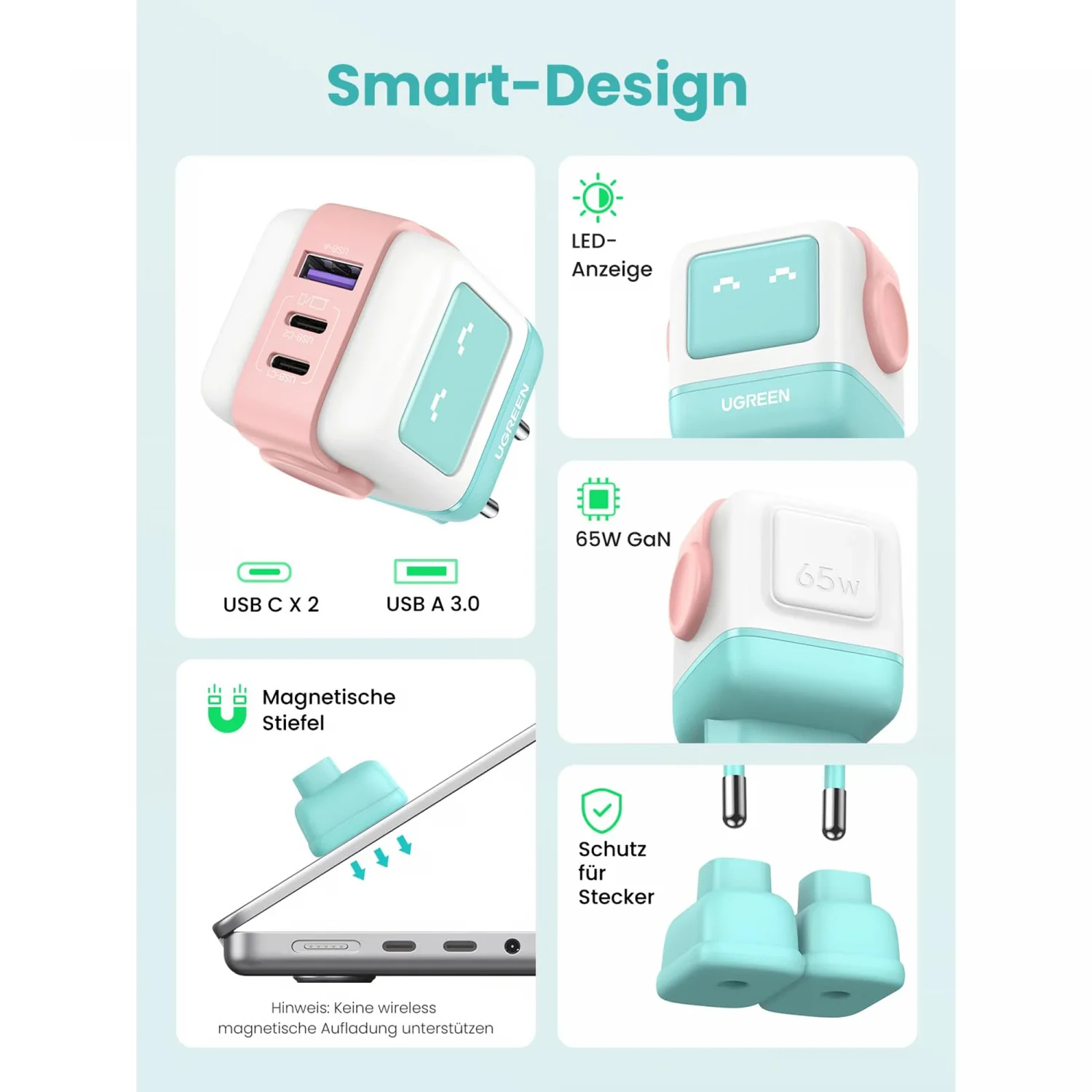 UGREEN UNO USB-A + 2*USB-C 65W GaN Fast Charger, Pink-Blue (35855) / Цэнэглэгч , Адаптер / - зураг 2