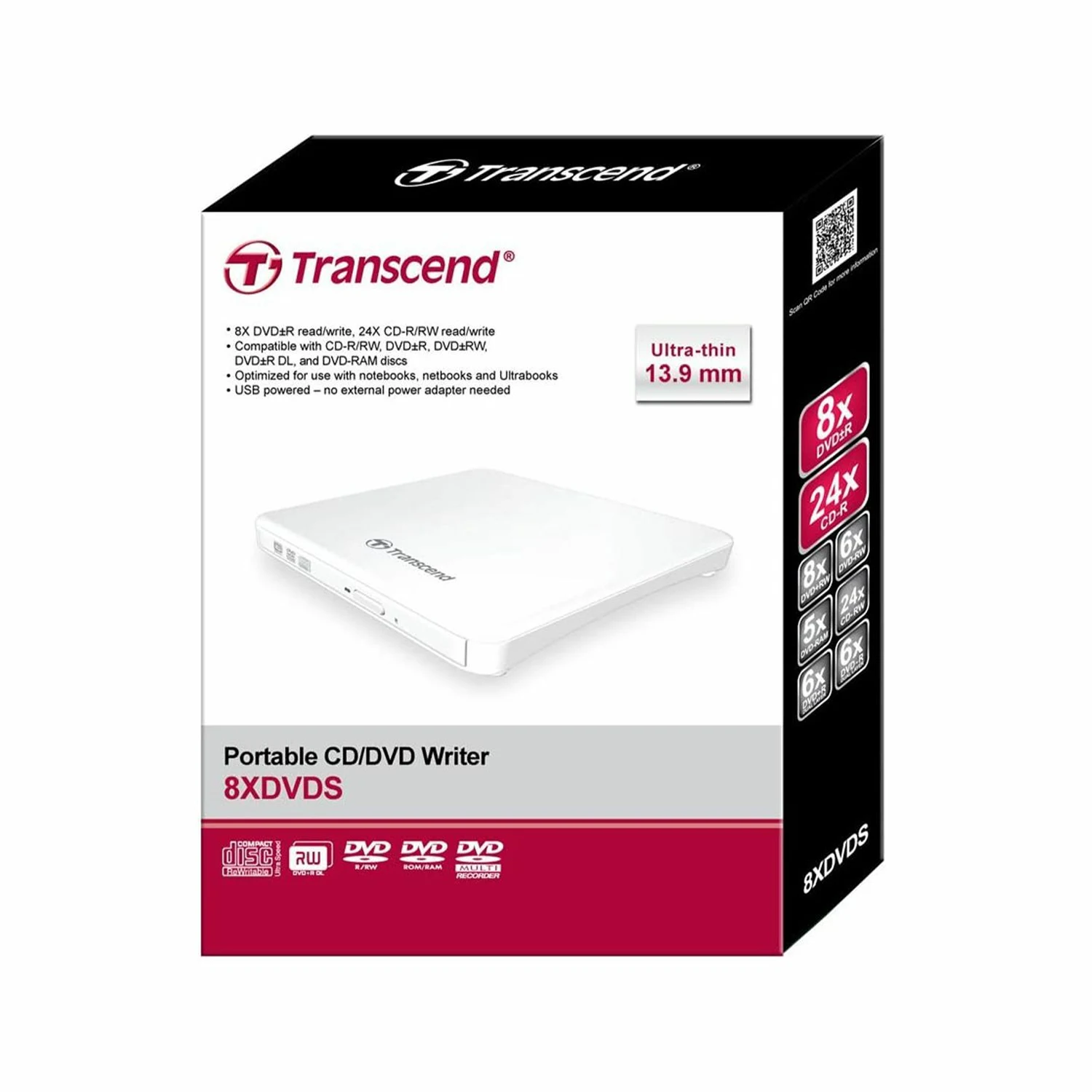 Transcend 8K Extra Slim Portable DVD Writer, White /TS8XDVDS-W/ - зураг 4