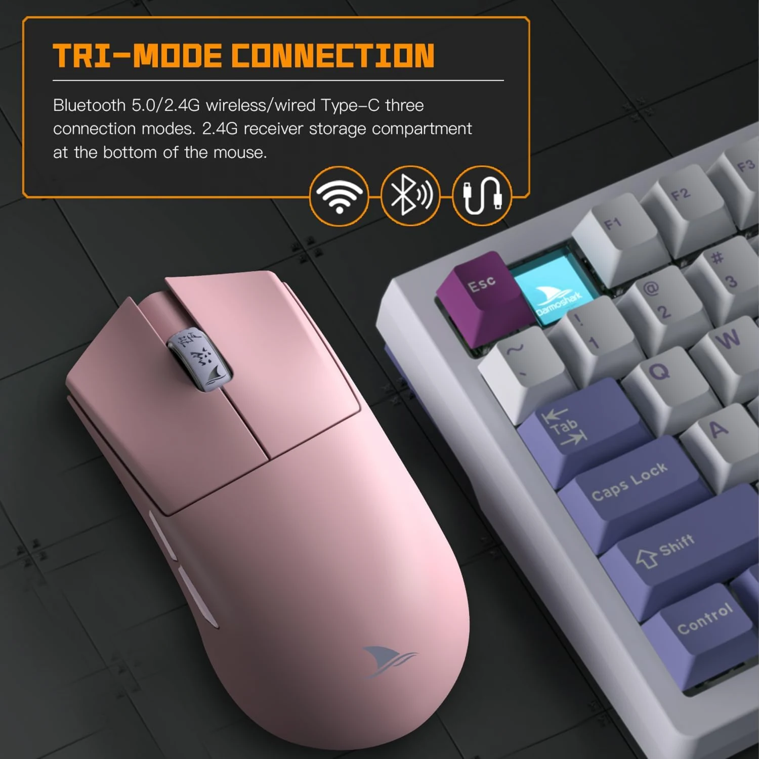 Motospeed Darmoshark M3S Pro Wireless, Wired and Bluetooth Tri-Mode Optical Gaming Mouse, Pink - зураг 3