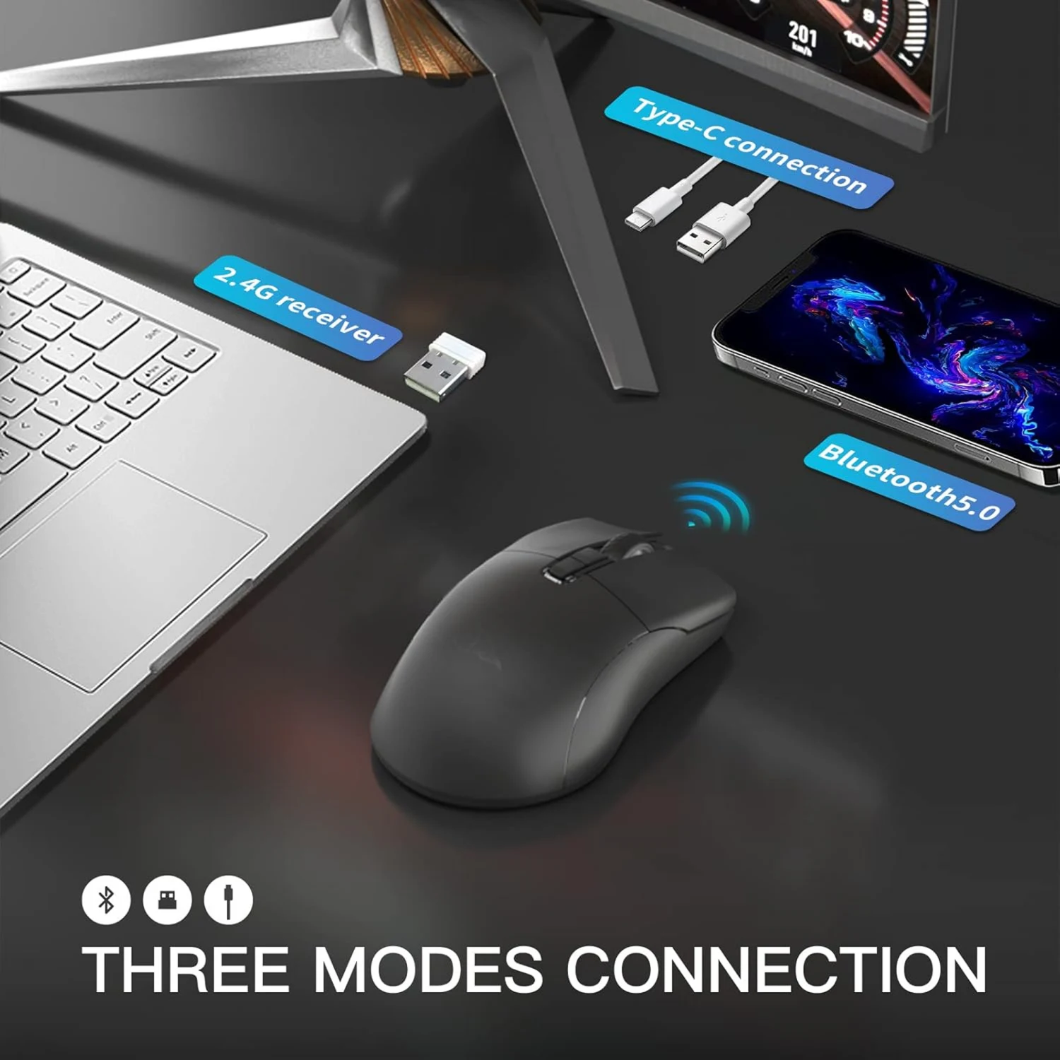 Motospeed Darmoshark N3 Wireless, Wired and Bluetooth Tri-Mode Optical Gaming Mouse, Black - зураг 2
