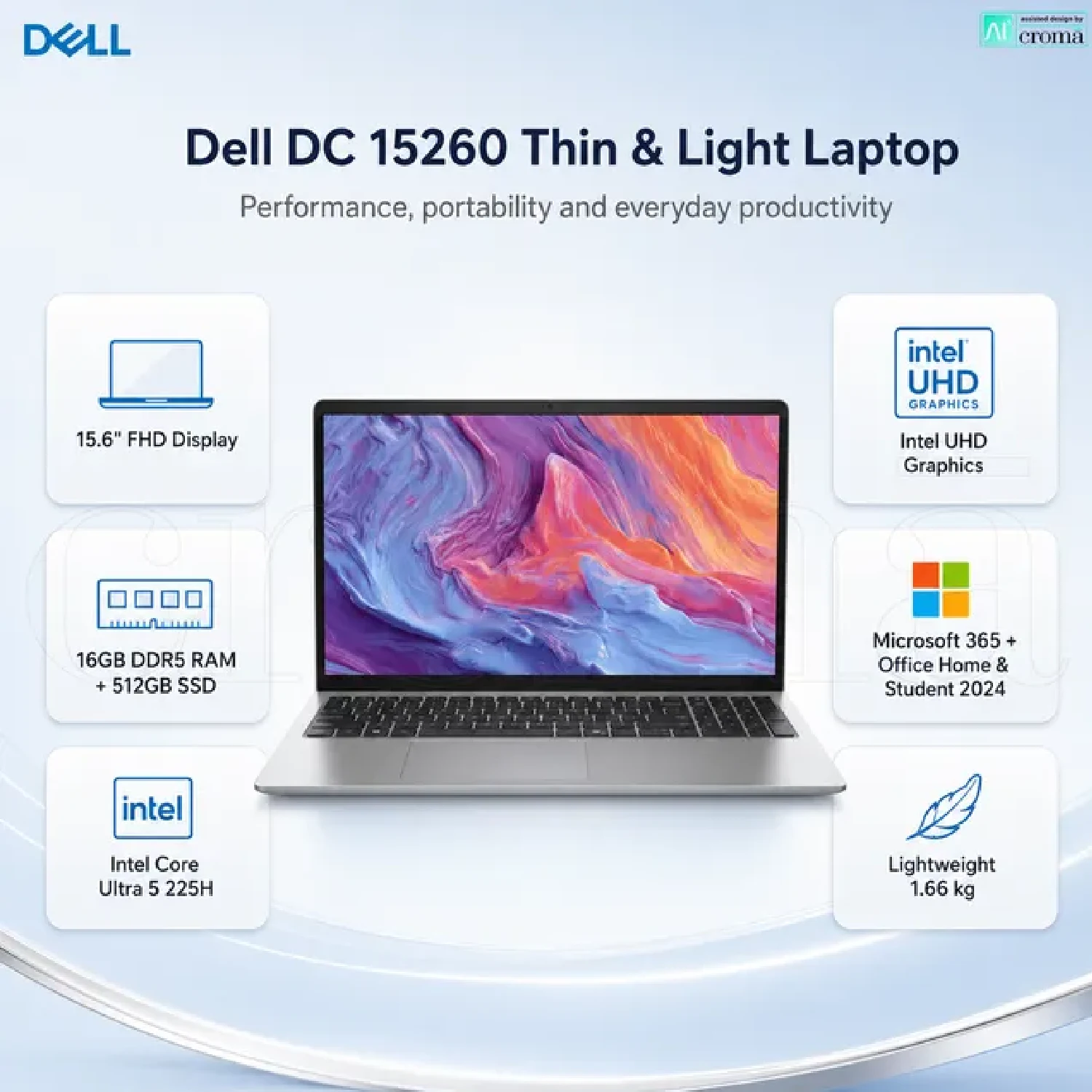 DELL D15260-R2605S laptop Intel Core Ultra5 225H 16GB 512GB M.2 PCIe NVMe SSD 120Hz Win11 15.6 inch FHD silver color ( Зөөврийн компьютер) - зураг 3