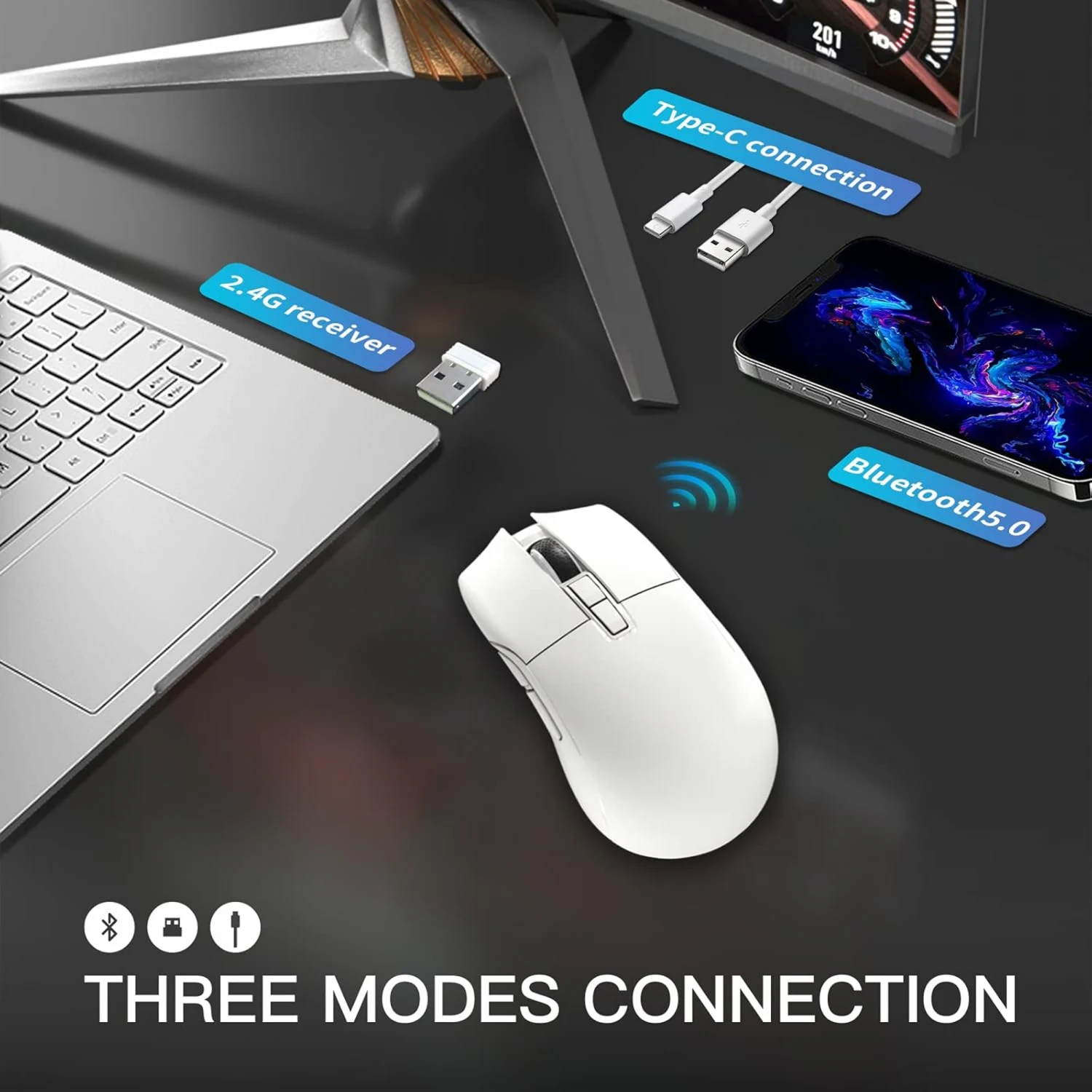 Motospeed Darmoshark N3 Wireless, Wired and Bluetooth Tri-Mode Optical Gaming Mouse, White - зураг 2