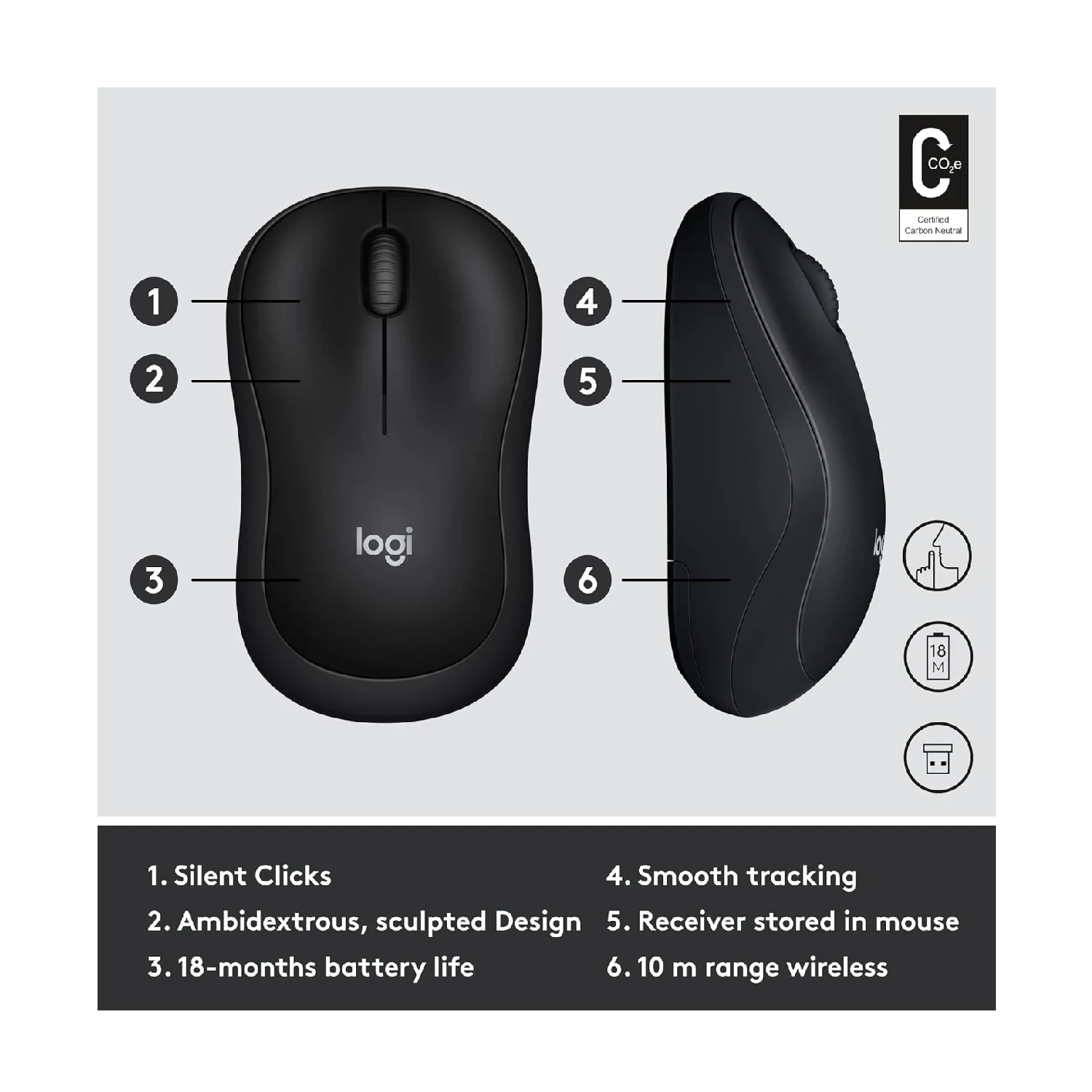 Logitech M220 Silent Wireless Mouse, Grey - зураг 4