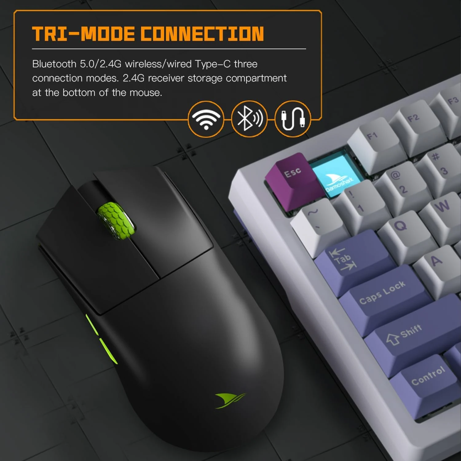 Motospeed Darmoshark M3S Pro Wireless, Wired, Bluetooth Tri-Mode Optical Gaming Mouse, Black - зураг 3