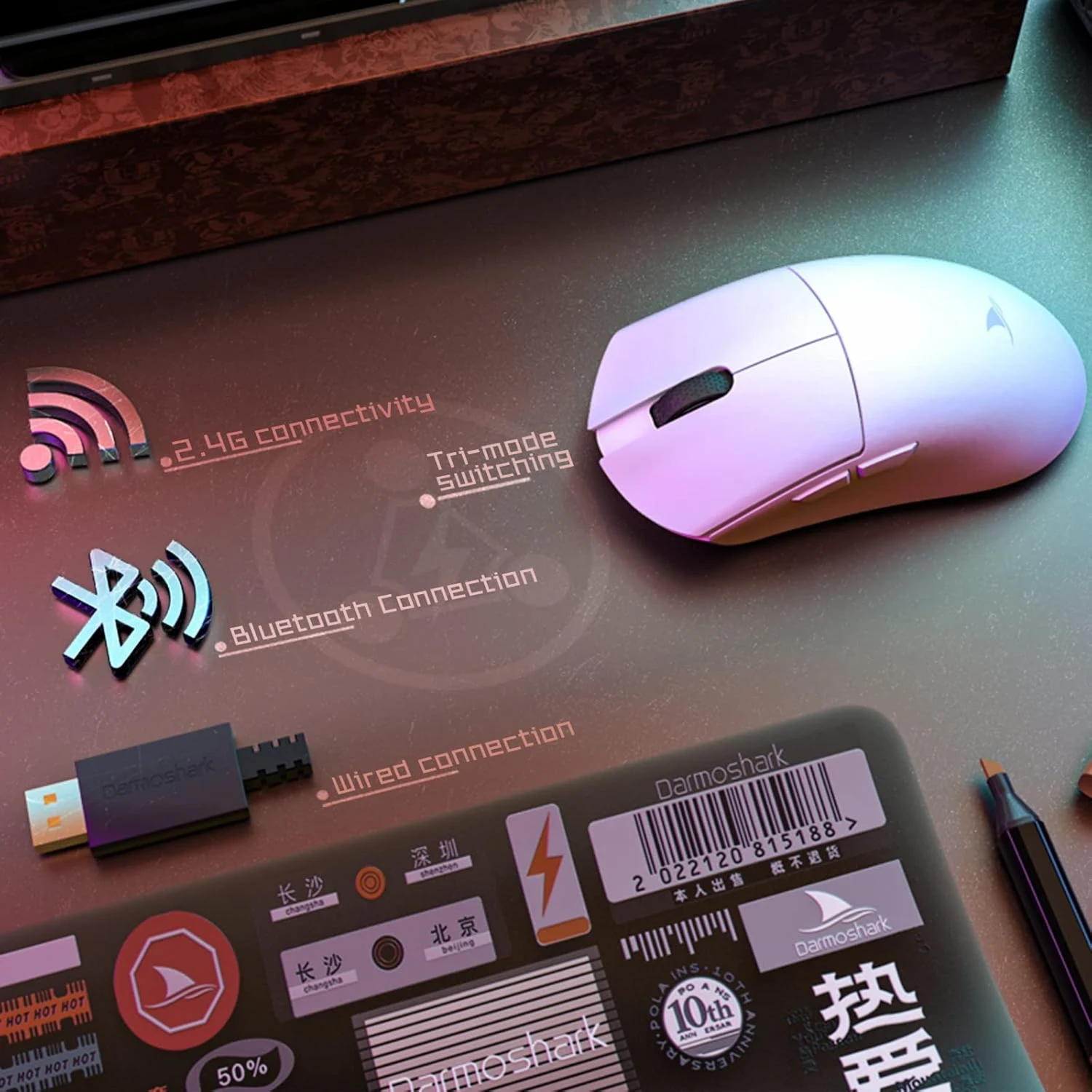 Motospeed Damorshark M3S Pro Wireless, Wired and Bluetooth Tri-Mode Optical Gaming Mouse, White - зураг 2