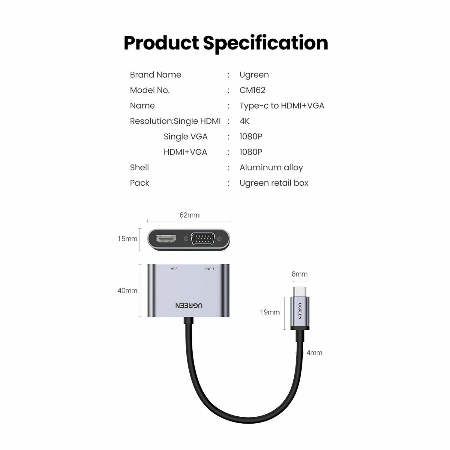 UGREEN USB-C Male to HDMI + VGA Female Converter with PD (50505) - зураг 5