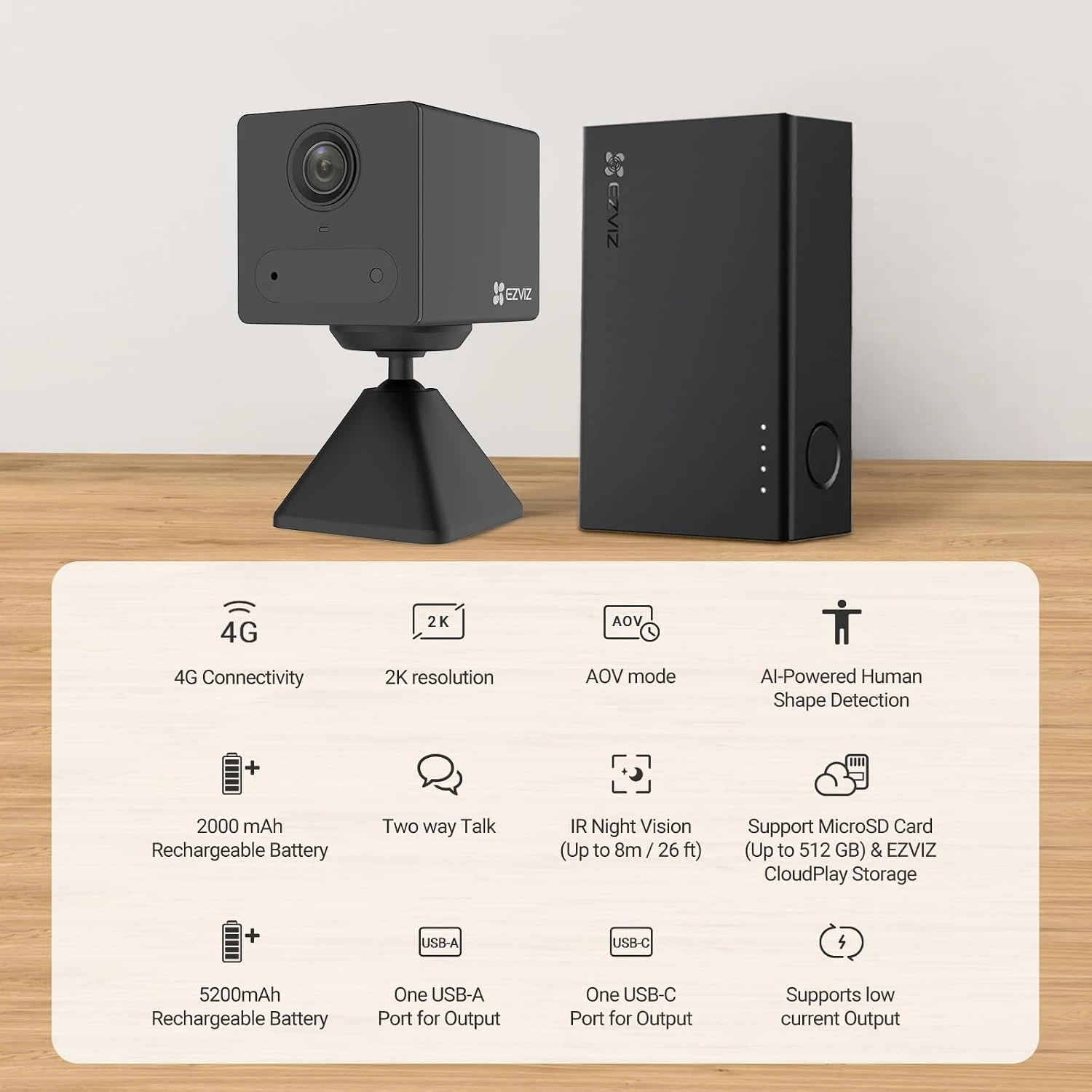 EZVIZ CS-CB2/PB 4G 2K Smart Home Battery Camera with Power Bank Black (Дотор хяналтын камер) - зураг 2