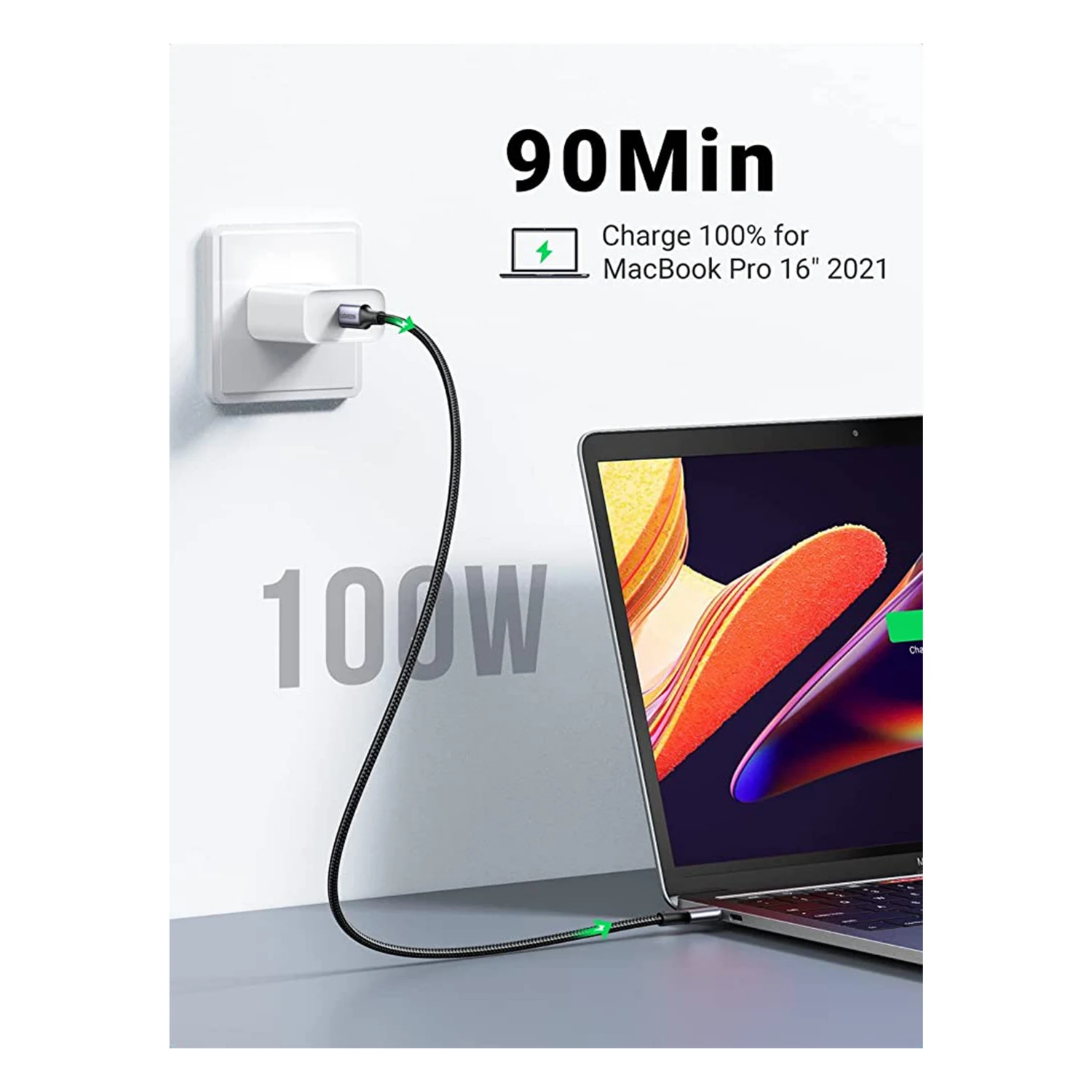 UGREEN USB-C Male to Male 100W PD Fast Charging Braided Cable 1m (70427) - зураг 2