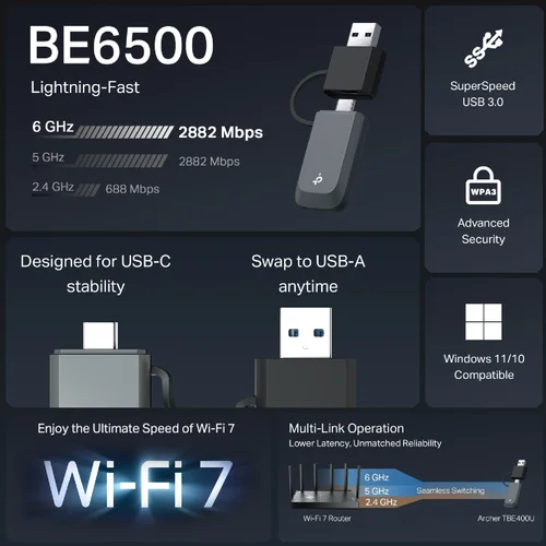 TP-Link Archer TBE400U BE6500 Tri-Band Wi-Fi 7 Mini Wireless USB Adapter - 3