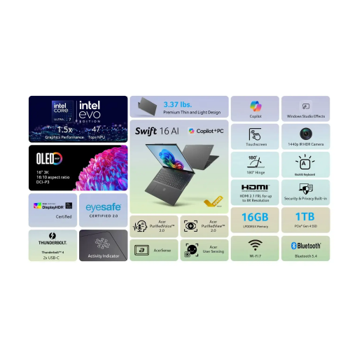 Acer Swift 16 AI SF16-51-511A Intel Core Ultra 5-226V, 16GB DDR5 RAM, 512GB PCIe Gen4 SSD, Intel Graphics, 16-inch 120Hz 3K OLED, Win 11 Home, Steam Blue - 2