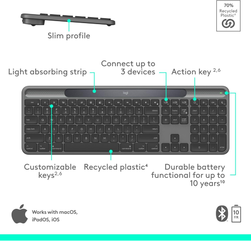 Logitech K980 Signature Wireless Slim Solar+ Keyboard Black - 7