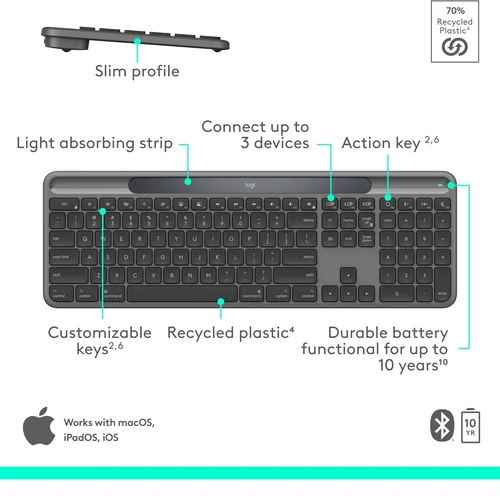 Logitech K980 Signature Wireless Slim Solar+ Keyboard Black - 7