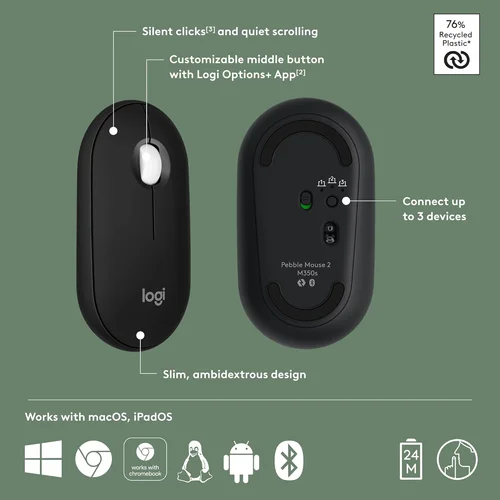 Logitech Pebble M350s Silent Wireless Mouse Black - 2