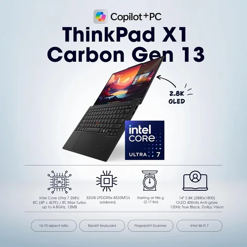 Lenovo ThinkPad X1 Carbon Gen13 CPU Ultra 7-258V, DDR5 32GB RAM, 1TB SSD, Iris Xe2 Graphics, 14-inch OLED Display / Зөөврийн Компьютер / - 4