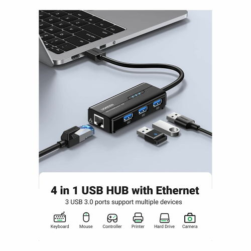 UGREEN USB 3.0 to 3-Port Desktop HUB with Gigabit Ethernet Port (20265) - 2