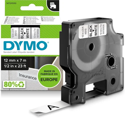 Dymo Standard D1 Labels (Black Print, White Tape - 12mm x 7m)  - 1