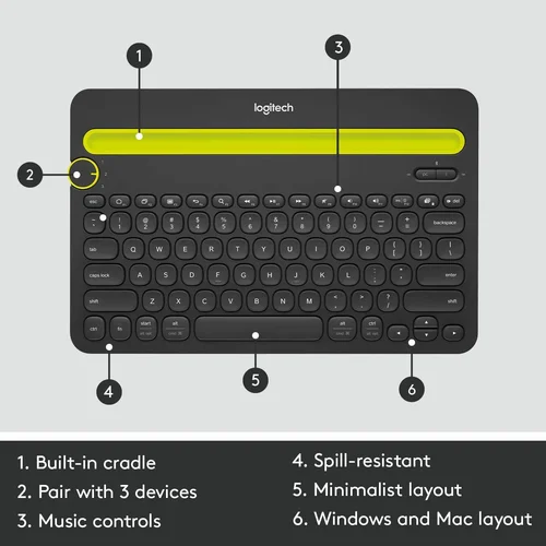 Logitech K480 Multi-Device Bluetooth Wireless Keyboard, Black - 4