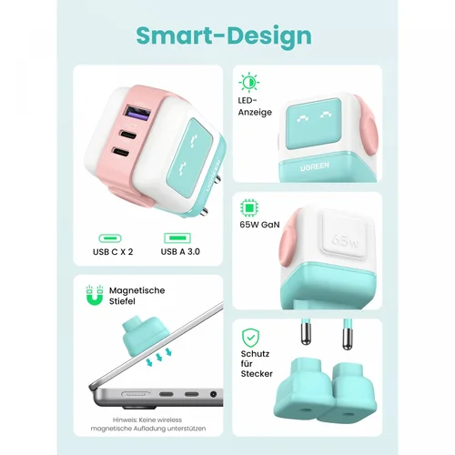UGREEN UNO USB-A + 2*USB-C 65W GaN Fast Charger, Pink-Blue (35855) / Цэнэглэгч , Адаптер / - 2