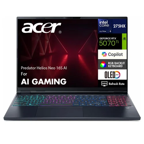 Acer Predator Helios Neo 16S AI PHN16S-71-902G Intel Core Ultra 9 275HX, DDR5 32GB RAM, 1TB PCIe NVMe SSD, NV RTX5070 8GB, 16-inch 165Hz WQXGA OLED, Win11 Home, Black - 1