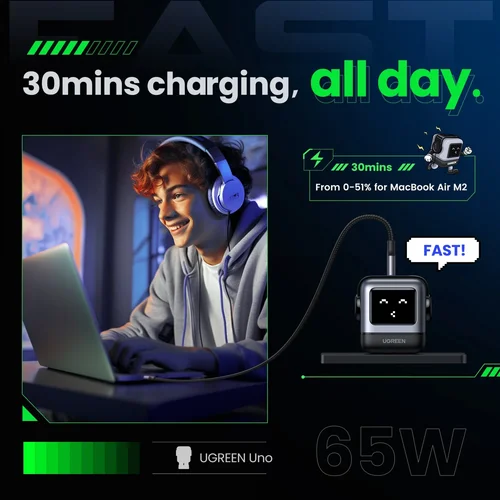 UGREEN UNO USB-A + 2*USB-C 65W GaN Fast Charger, Grey (25685B) / Цэнэглэгч , Адаптер / - 2