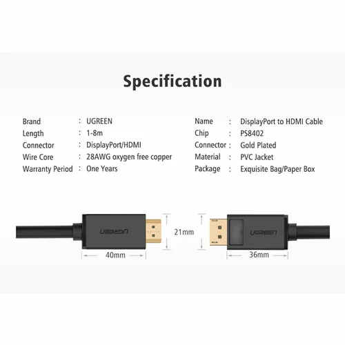 UGREEN 4K UHD DP Male to HDMI Male Cable 3m (10203) - 3