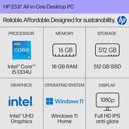 HP Star AIO TPC-Q091 PC Core I5-1334U 5.0 GHz, DDR4 16GB RAM, 512GB PCIe NVMe M.2 SSD, Intel Iris Xe Graphics, FHD 23.8-inch, Touch, K&M, Shell White - 4