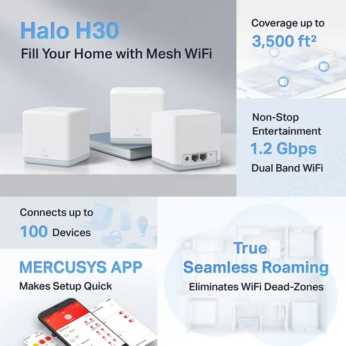 Mercusys Halo H30 (3-pack) AC1200 Whole Home Mesh Wi-Fi System - 3