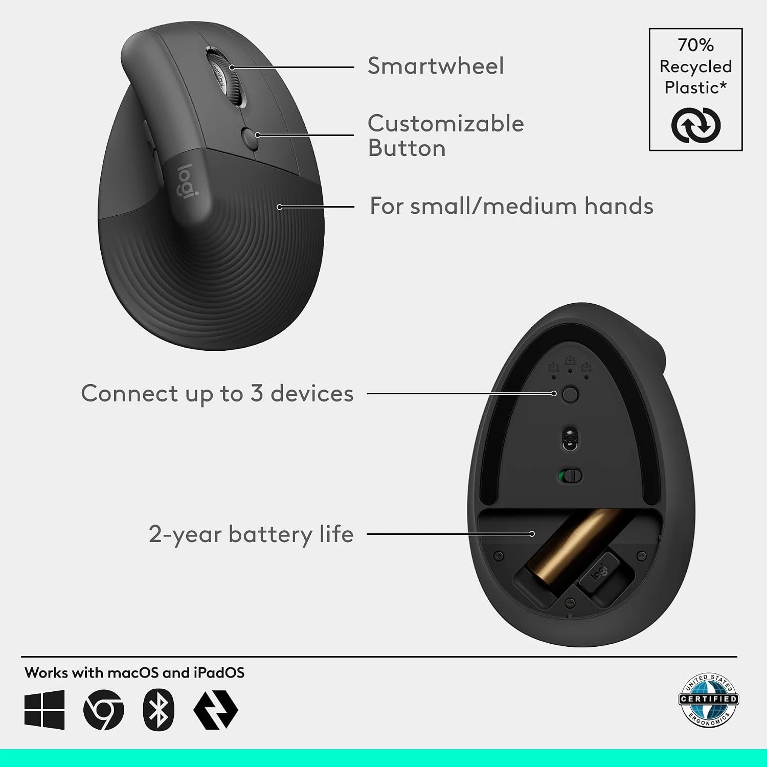 Logitech Ergo Series Lift Wireless Mouse Black - зураг 4